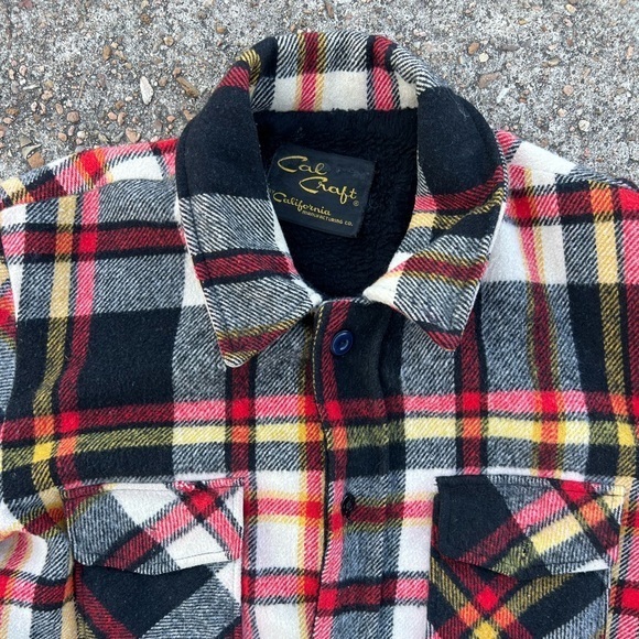 Vintage 80s! Made in‎ USA Cal Craft Patchwork Jacket Coat Red White Black Fleece - Picture 2 of 7